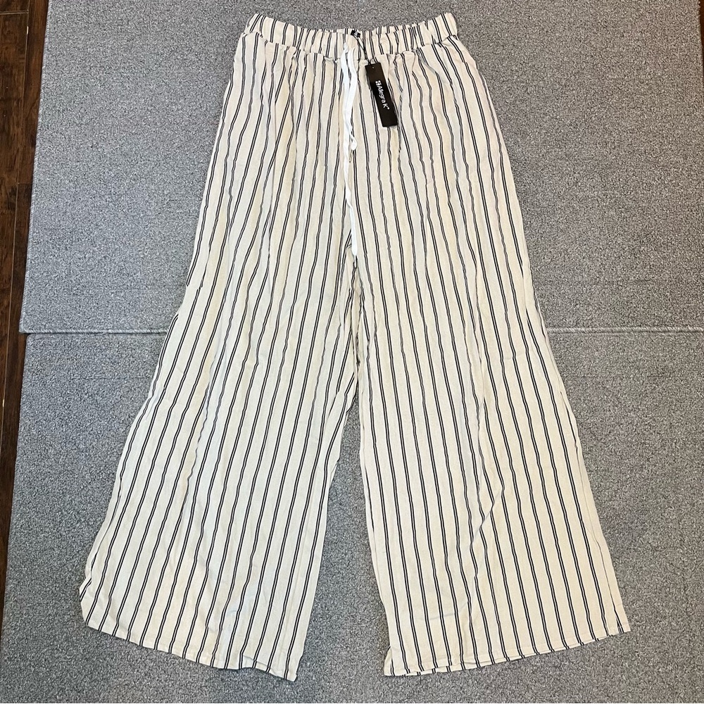 Allegra K Striped Drawstring Waist Wide Leg Pants Womens Size Large Beige NWT